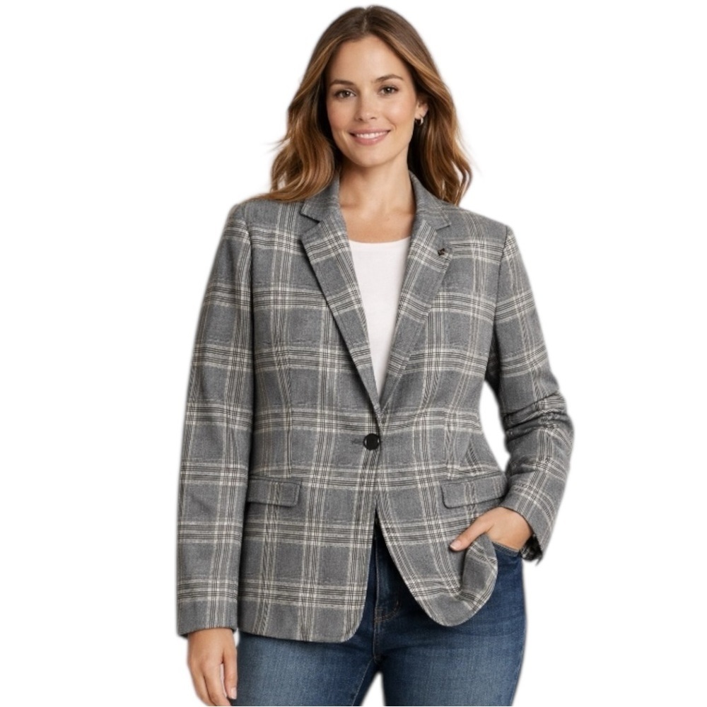 Tommy Hilfiger Plaid Blazer Size 10 Gray Black Check Career Jacket